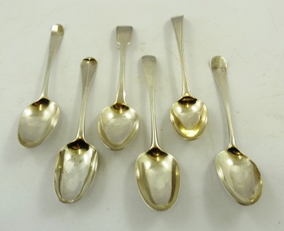 A SELECTION OF SIX MIXED GEORGIAN SILVER TABLE SPOONS including one bright cut, one fiddle, two