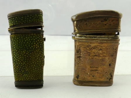 TWO 19TH CENTURY SILVER ETUI one covered with shagreen with four compartments, no tools the other