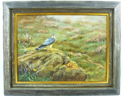 G.M. HENRY ""Merlin"" resting on a rock, looking out over moorland, Oil on board, signed, 29 x 39cm