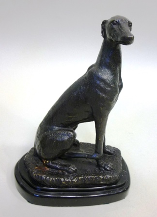 A SUITE OF THREE CAST AND PATINATED 20TH CENTURY MODELS OF GREYHOUNDS, a pair seated and one - Image 3 of 7