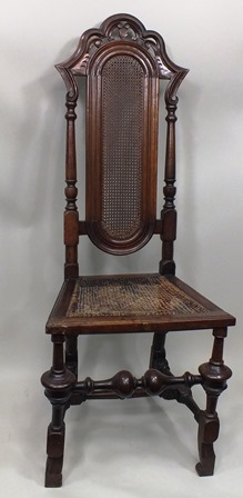 AN EARLY 20TH CENTURY CAROLEAN STYLE CHAIR having shaped crest rail, turned uprights, cane centre, - Image 3 of 4
