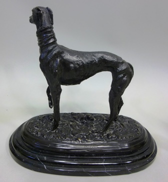 A SUITE OF THREE CAST AND PATINATED 20TH CENTURY MODELS OF GREYHOUNDS, a pair seated and one - Image 6 of 7