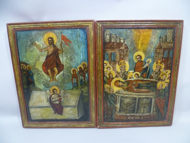 RUSSIAN SCHOOL 19TH CENTURY A pair of Icons, one portraying Christ rising from the dead attended by