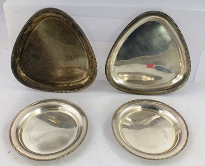 A PAIR OF TRIANGULAR SILVER COLOURED METAL DISHES each having bead rim 15cm, 294g and ANOTHER PAIR