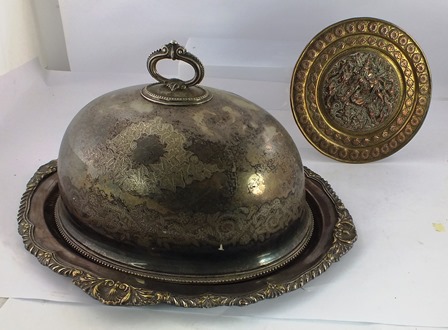 AN EPNS OVAL MEAT COVER with bead decoration, an oval EPNS DISH disassociated and an Asian Brass