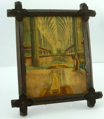 A DOUBLE SIDED COLOURED PRINT, sandwiched between two glass sheets, in rustic Edwardian frame, 28cm