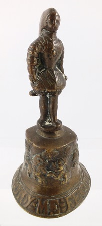 A 19TH CENTURY CAST BRONZE BELL with warrior handle, the decorated base with the legend ""F.Hemony