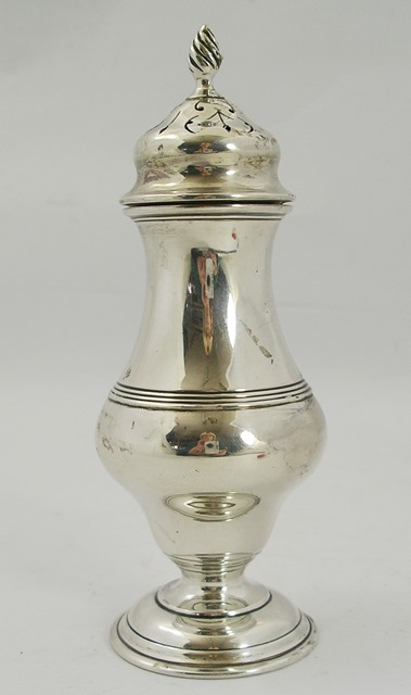 C** *** A SILVER SUGAR CASTER having push-fit pierced lid with spiral finial, ringed baluster body