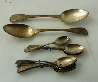 A MISCELLANY OF ITEMS comprising; a pair of Georgian fiddle pattern TABLESPOONS London 1813 and