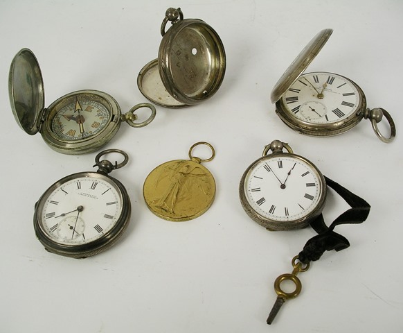 A COLLECTION OF THREE SILVER AND SILVER COLOURED METAL 19TH CENTURY GENTLEMAN`S POCKET WATCHES,