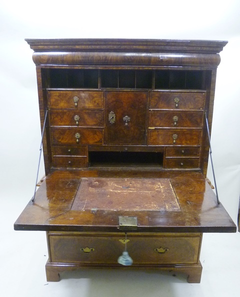 AN 18TH CENTURY WALNUT ESCRITOIRE CHEST (with later alterations), the upper section with moulded