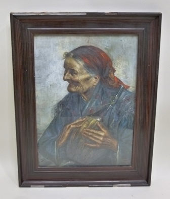 R*** FUGERIO A half length seated portrait of a gypsy lady holding a large carafe of wine, Oil on