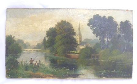 J** MORRIS ""Holy Trinity and the Weir"" viewed from the far bank, with a boy and girl fishing, Oil