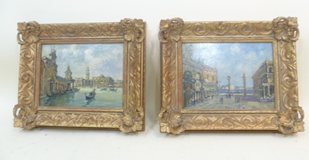 20TH CENTURY SCHOOL A PAIR OF VENETIAN SCENES with promenading figures and gondolas, Oil on Board,