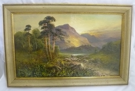FRANK HIDER ""Derwent Water English Lakes"" Shepherds with flock. Oil on canvas signed & titled