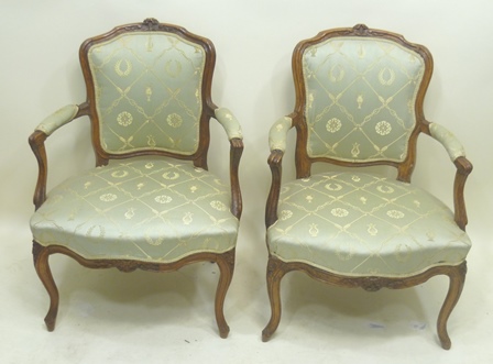 A PAIR OF 20TH CENTURY LOUIS XVI STYLE FAUTEUILS each having carved walnut show wood crest rail,