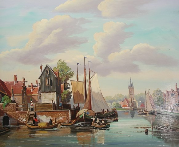 J** VAN RIEMSDYK ** A harbour/canal port scene in Holland with sailing boats and dinghies and a