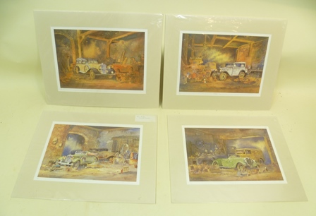 AFTER KEN BURTON  A set of four vehicle scenes, cars in barns. Prints, limited editions, signed in
