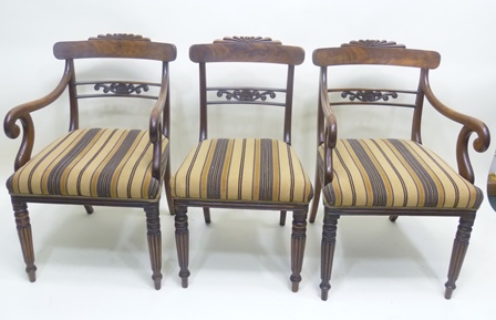 A SET OF SIX WILLIAM IV MAHOGANY DINING CHAIRS, each having a fanned crest rail, anthemion splat,