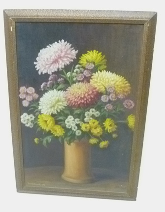 TOM WHITEHEAD OF HALIFAX A floral still life study titled ""Autumn Flowers"", Oil on board, signed