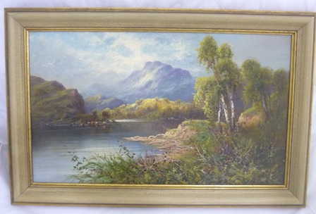 FRANK HIDER ""Early Autumn in The Highlands"", cattle watering, trees in leaf & hills. Oil on