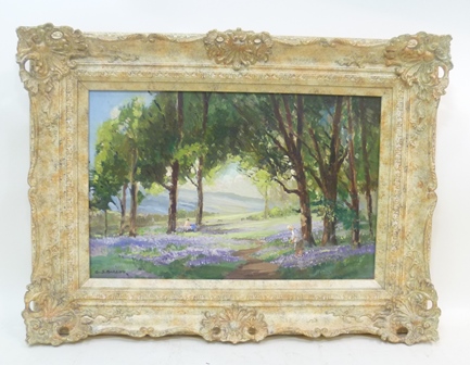 GORDON CLIFFORD BARLOW ""Springtime at Nesfield"", picking bluebells in woodland, Oil on Canvas,
