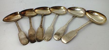 WILLIAM MARSHALL A SET OF SIX SCOTTISH FIDDLE PATTERN BROTH SPOONS each having a bowl set at angle