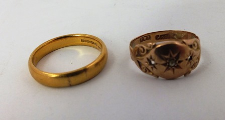 A LADY`S 22ct GOLD PLAIN WEDDING BAND size Q & half and a 9ct early 20th Century RING with tooled