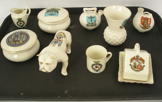 A COLLECTION OF COMMEMORATIVE CRESTED CHINA WARES to include; a Lowestoft bull dog and various