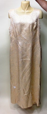 A 1940`S AUSTERITY PERIOD HAND MADE LADY`S DRESS of cream and gold brocade with sash, approximately