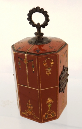 A 19TH CENTURY OCTAGONAL NECESSAIRE having top opening, floral and gilt decorated exterior with - Image 2 of 6