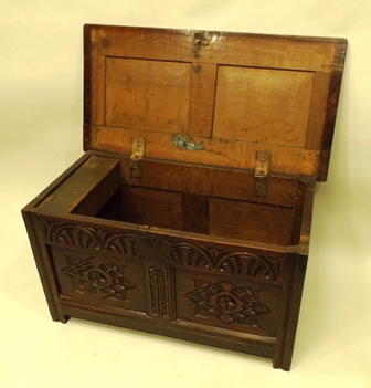 A PART 18TH/19TH CENTURY OAK COFFER having two panel top with moulded edge, raised on stile feet - Image 3 of 3