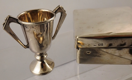 A SELECTION OF SILVER ITEMS, comprising two oval Photograph Frames, a small Trophy Cup, a square - Image 2 of 2