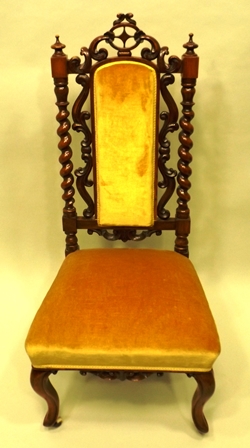 A VICTORIAN WALNUT BEDROOM CHAIR having fretted crest rail, barley twist uprights with knops, - Image 2 of 2