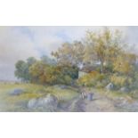 J** PALMER Two figures on a stone path, cattle in the field beyond and trees in summer leaf,