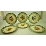 FIVE VICTORIAN WILLIAM BROWNFIELD PORCELAIN PLATES AND ONE TAZZA TOP, each polychrome decorated with