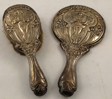 CHARLES WESTWOOD & SONS A SILVER BACKED HAND MIRROR AND CLOTHES BRUSH each having Art Nouveau - Image 2 of 2