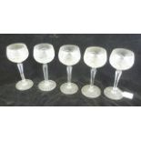 A SUITE OF FIVE CUT LEAD CRYSTAL HOCK GOBLETS, each having incised cut bowl and facetted stem