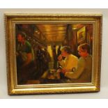 ROY TIDMARSH
""Liquid Lunch in SW1"" figures cosily drinking at the bar, Oil on canvas, signed,