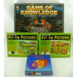 A 1980`s M.B. Games ""Game of Knowledge 2"", Victory Fit In Picture Puzzles and a Rubik Clock, all