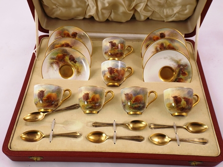 HARRY STINTON A ROYAL WORCESTER PORCELAIN TEASET comprising six cups and saucers, each painted with - Image 2 of 6
