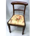 A VICTORIAN MAHOGANY DINING CHAIR having plain crest rail, horizontal splat, drop-in seat and turned