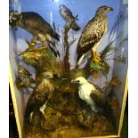 A VICTORIAN COLLAGE OF SIX BIRDS OF PREY including eagles with fish and snake, in painted glazed