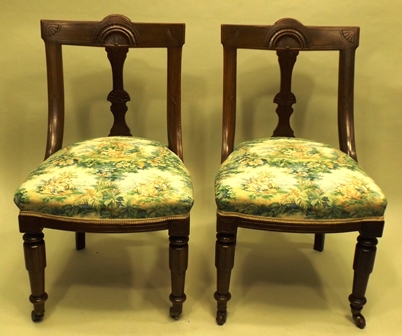 A PAIR OF VICTORIAN MAHOGANY RACK BACK DINING CHAIRS each having overstuffed seat and turned - Image 2 of 2