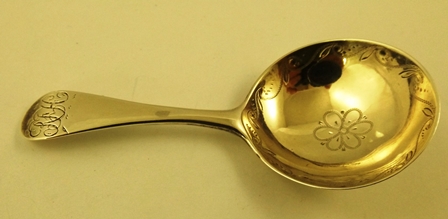 PETER & ANN BATEMAN A GEORGE III SILVER CADDY SPOON having circular bowl, bright cut decoration,