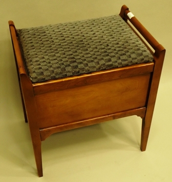 A 1970`s MAHOGANY PIANO STOOL having upholstered seat, twin plain handles, end drawers, raised on - Image 2 of 3