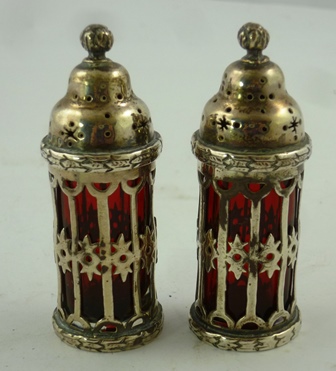 A PAIR OF OVAL VICTORIAN SILVER SALTS with garland decoration, three odd spoons and a pair of ruby - Image 2 of 5