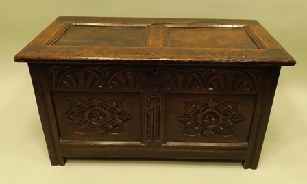 A PART 18TH/19TH CENTURY OAK COFFER having two panel top with moulded edge, raised on stile feet