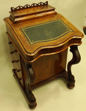 A VICTORIAN WALNUT DAVENPORT having pen box top and slope front, later green skiver, four flank - Image 3 of 3