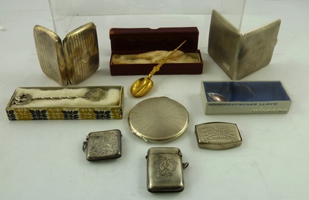 A SELECTION OF SILVER ITEMS to include a gilded reproduction of the anointing spoon, two engine